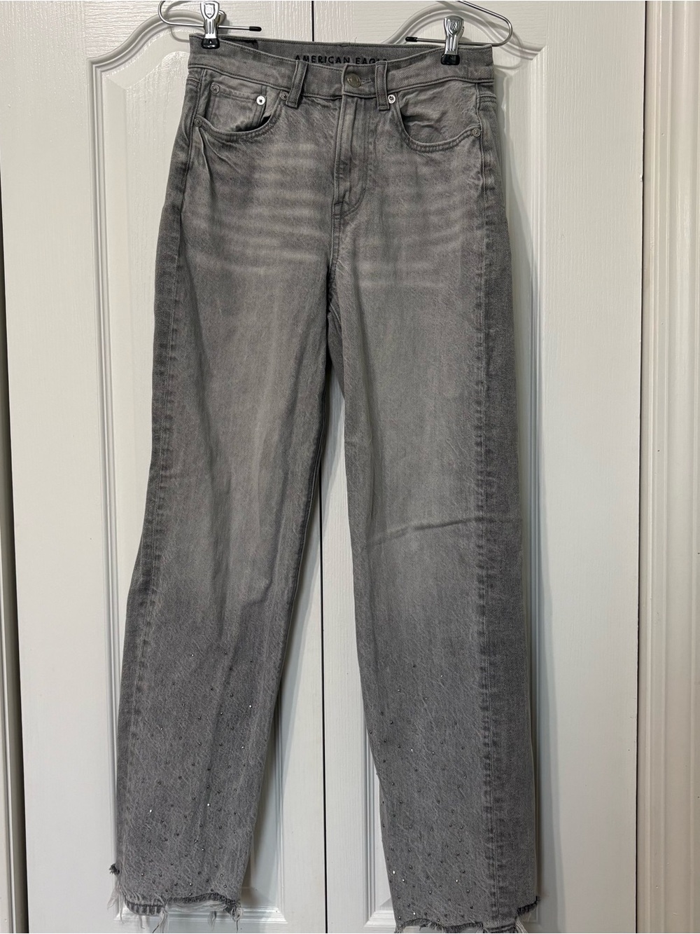 American Eagle Super High Rise Baggy Straight Gray Jeans with Rhinestones